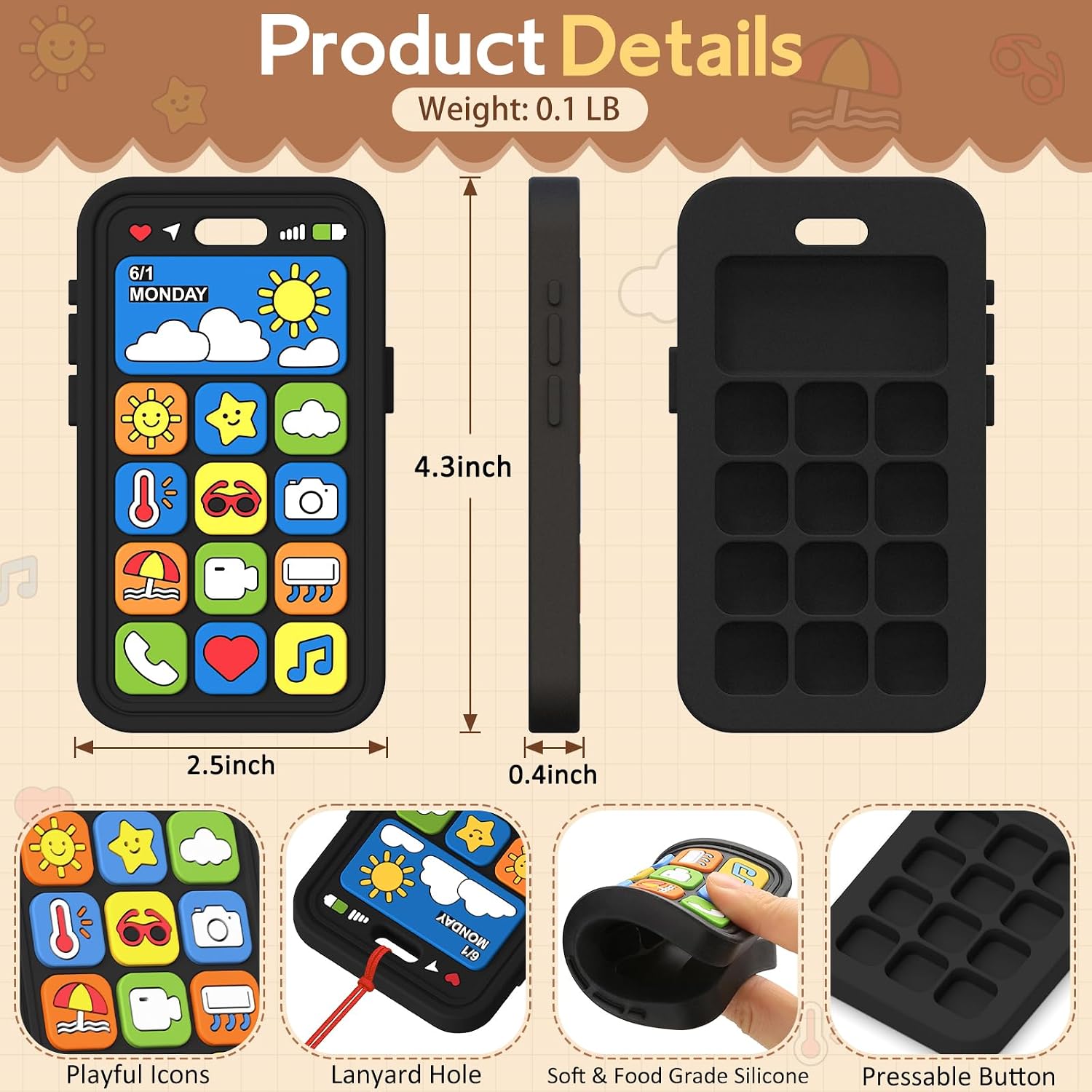 Detalle 2 de Wovinda Silicone Baby Phone Teether, BPA-Free Sensory Toy for 3+ Months
