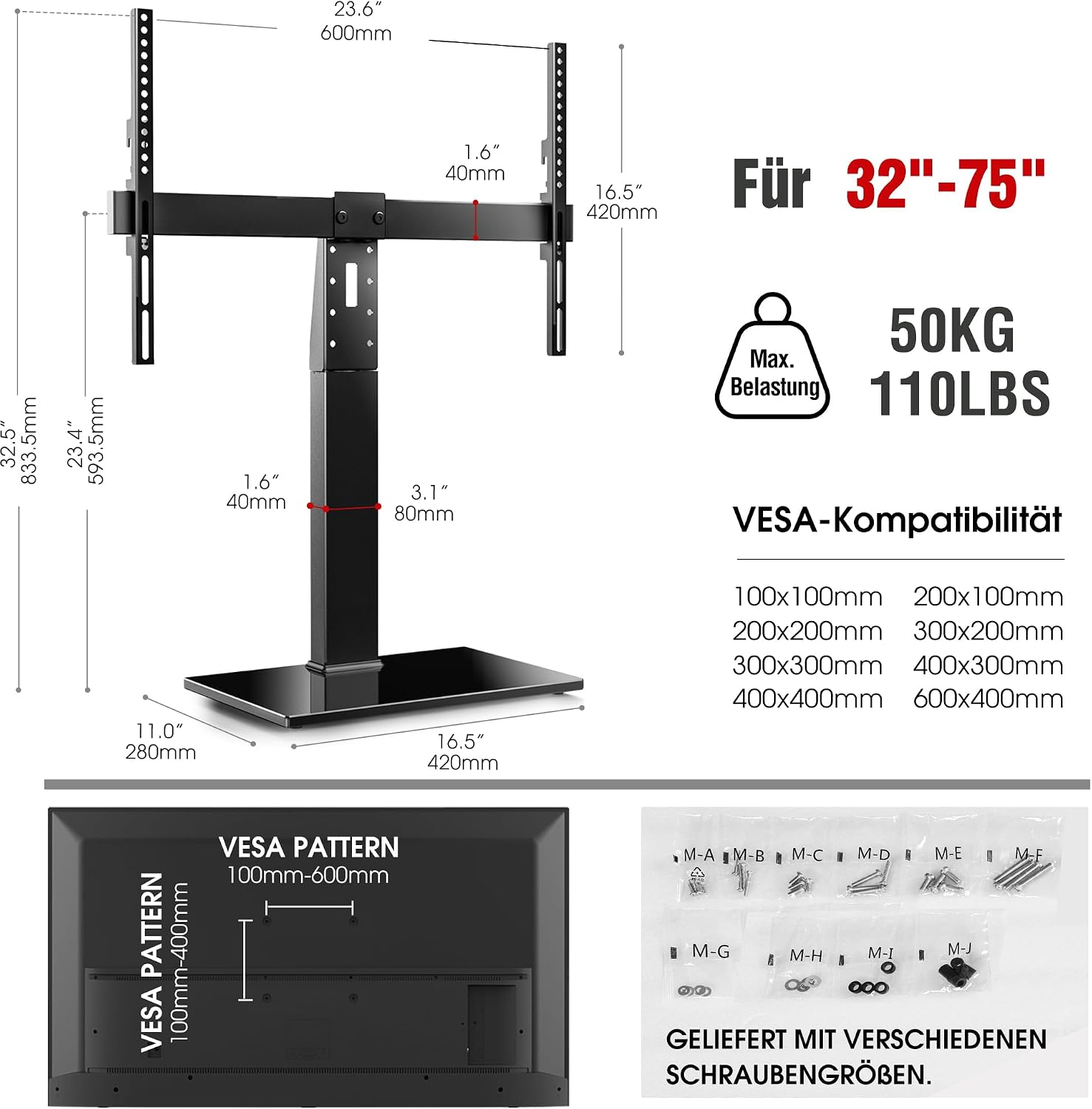Thumbnail 5 de AOKCOS TV Standfuß: Schwenkbar und höhenverstellbar für 32–75 Zoll Fernseher bis 50 kg