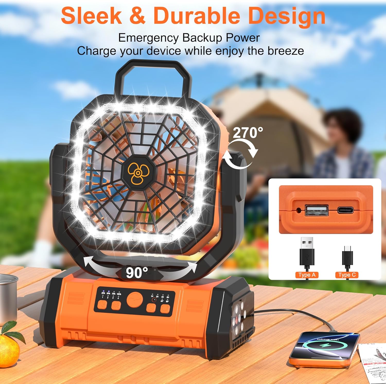 Detalle 2 de Honesorn Portable Rechargeable Fan 20000mAh with LED Light, Remote, and USB-C Power — Orange