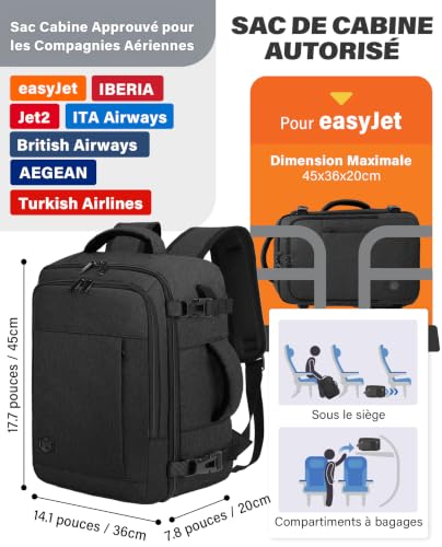 Detalle de VANKEV Bagage Cabine 45x36x20 – Sac à dos de voyage compatible EasyJet