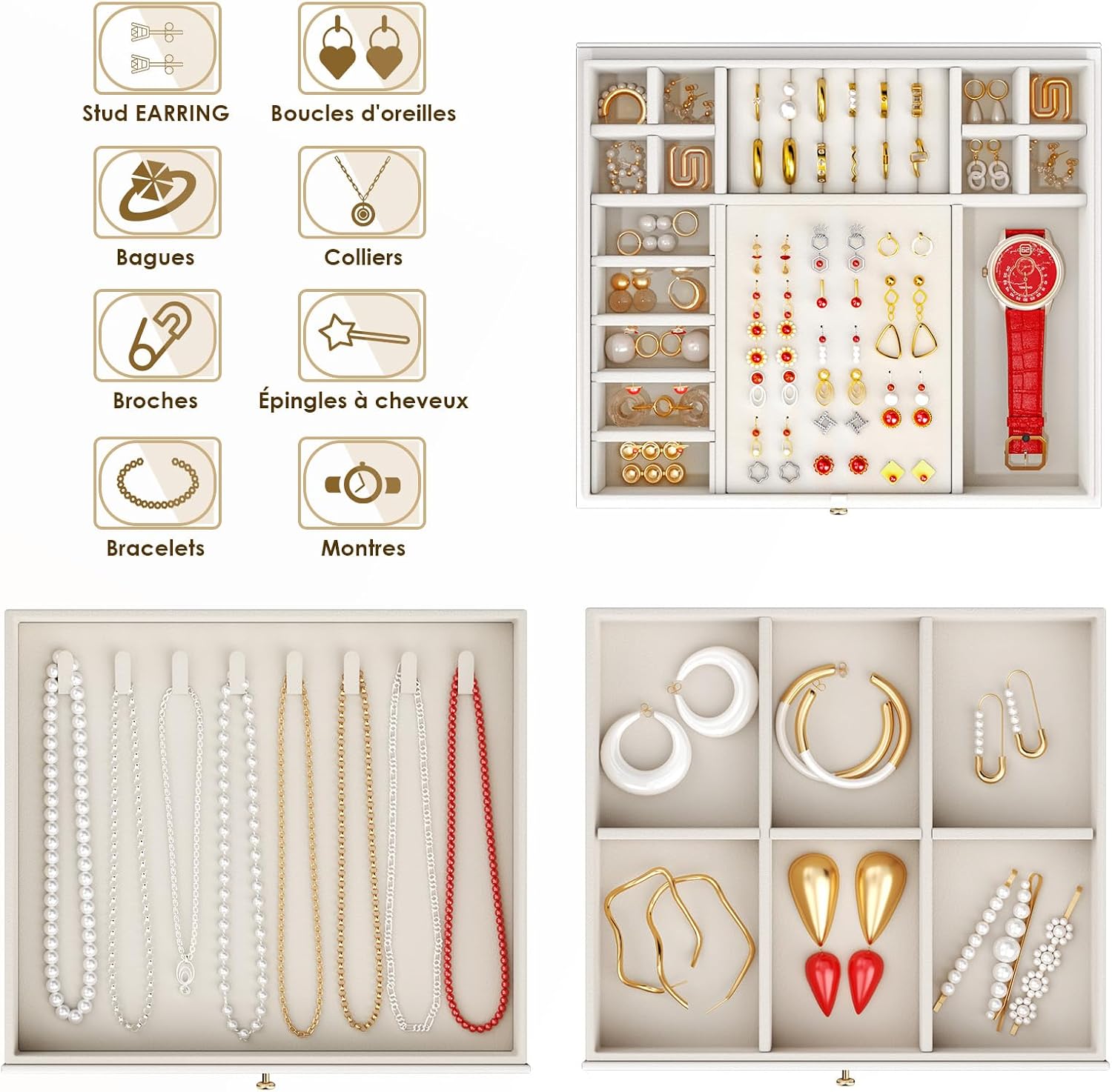 Detalle de OrderlyGo Grande boîte à bijoux 3 niveaux avec couvercle transparent et velours