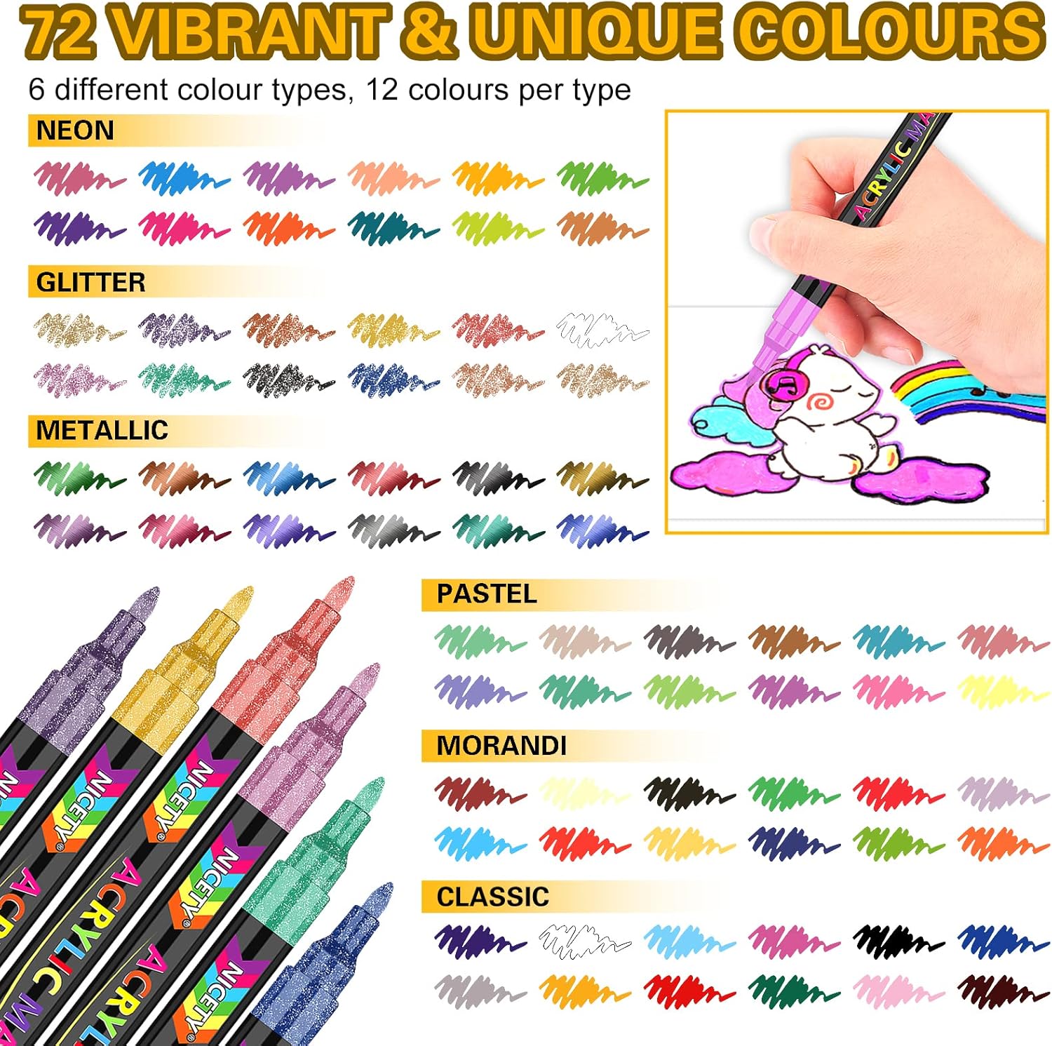 Detalle 1 de NICETY Acrylic Paint Pens Set - 72 Colours Paint Markers for Rock Painting Stone Glass Ceramic Wood Metal Fabric - 0.7mm Extra Fine Tip Water Based Acrylic Markers for Adults
NICETY Acrylic Paint Pens Set - 72 Colours Paint Mar…