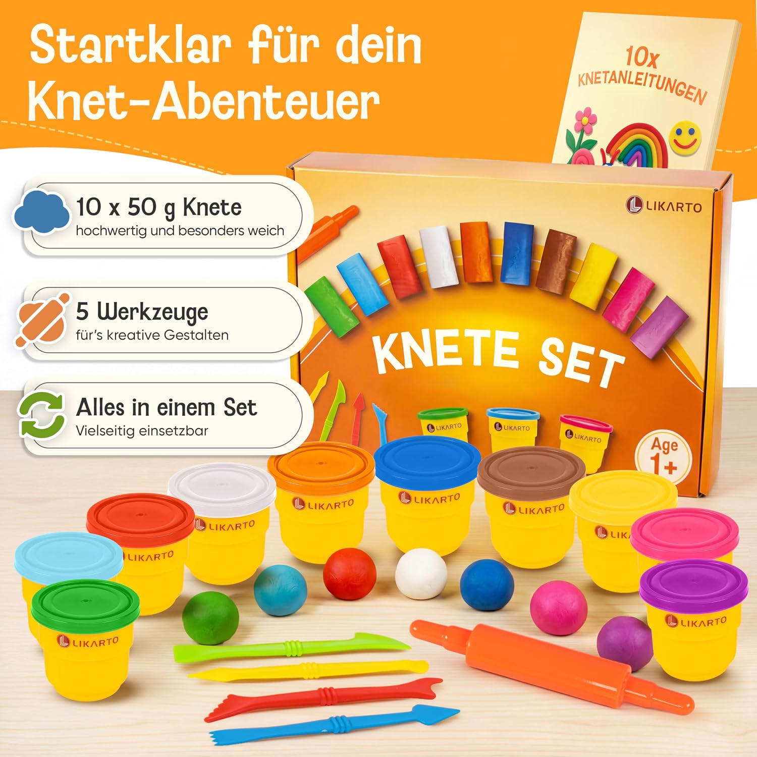 Detalle 2 de Veganes Knete-Set für Kinder ab 1 Jahr – 10 Farben, 5 Werkzeuge, 10 Vorlagen