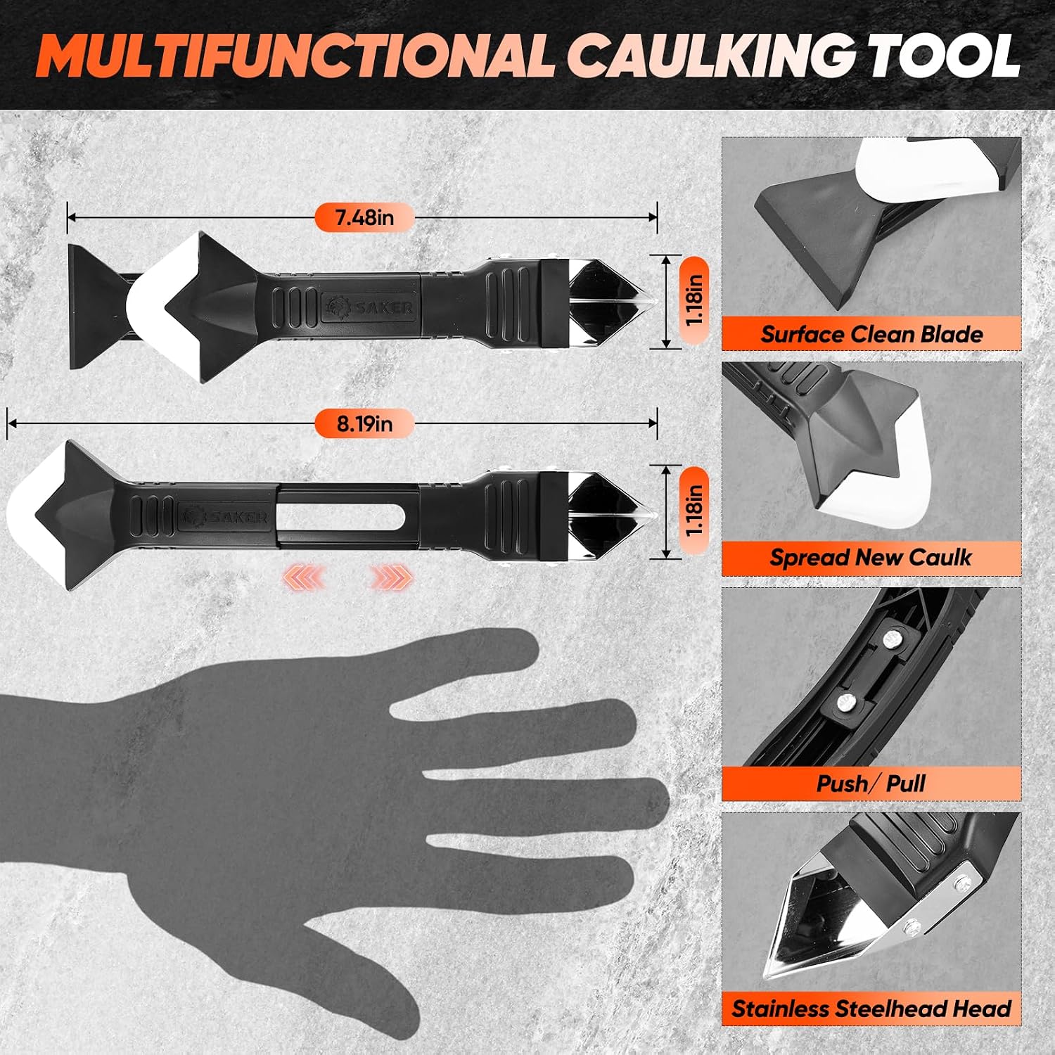 Detalle 2 de Saker SAK4609 3-in-1 Silicone Caulking Tool with Stainless Steel Blade, Black