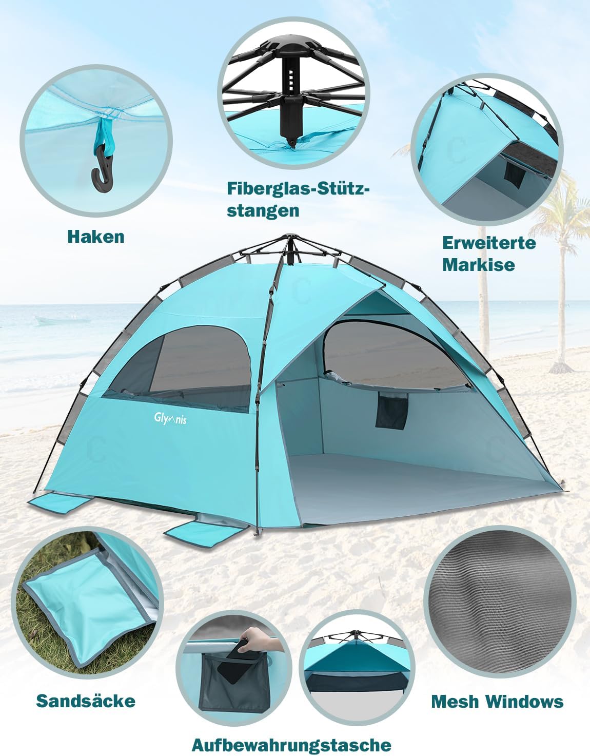 Detalle de Glymnis Strandmuschel Quick Up Strandzelt UV-Schutz 50+ für 4–6 Personen