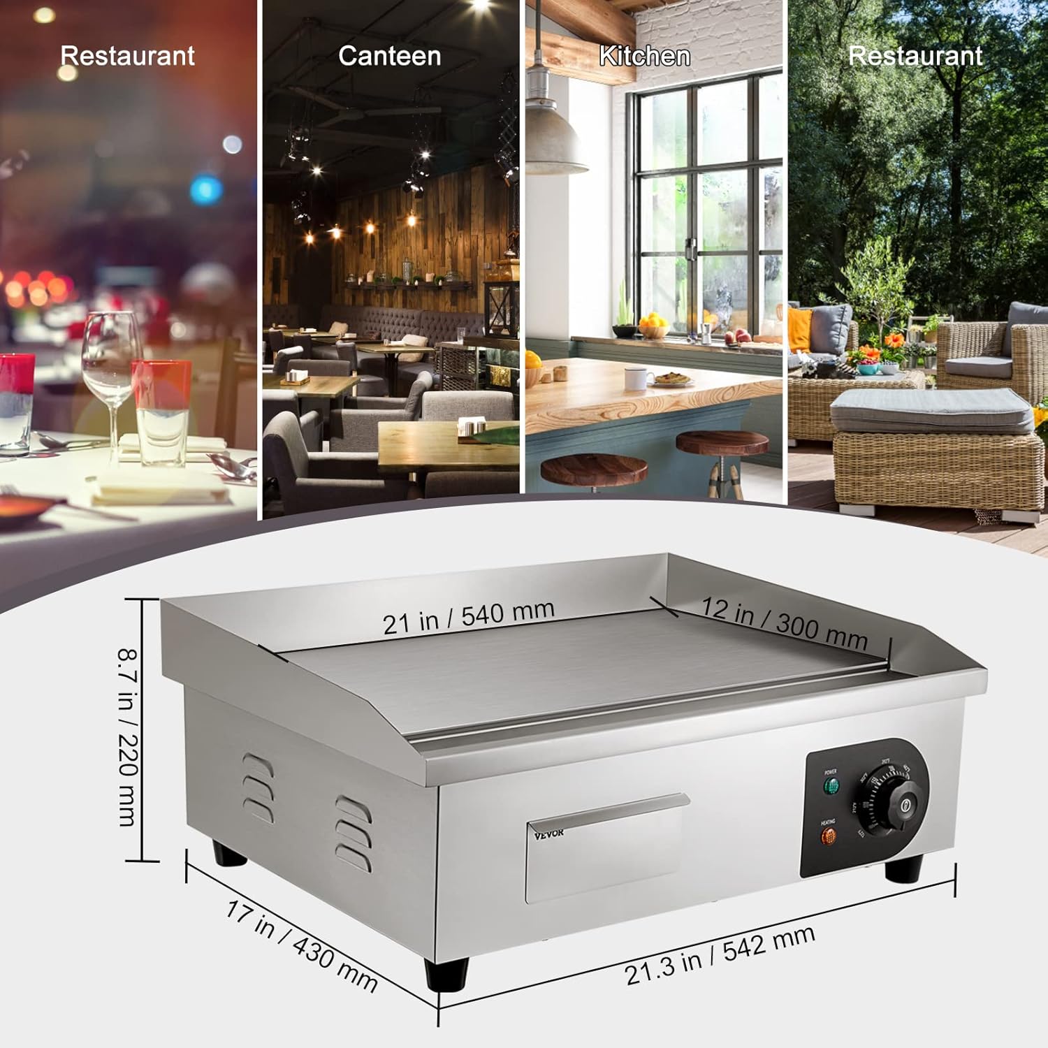 Thumbnail 6 de VEVOR 22" Commercial Electric Griddle (1600W) w/ Iron Plate, Adjustable 122–572°F