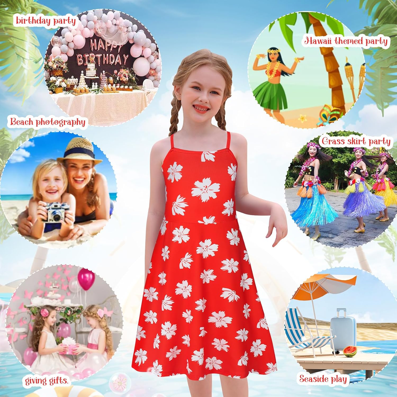 Detalle 1 de Benylion beach dress Girls' Red Leaf Hawaiian Dress with Adjustable Straps
