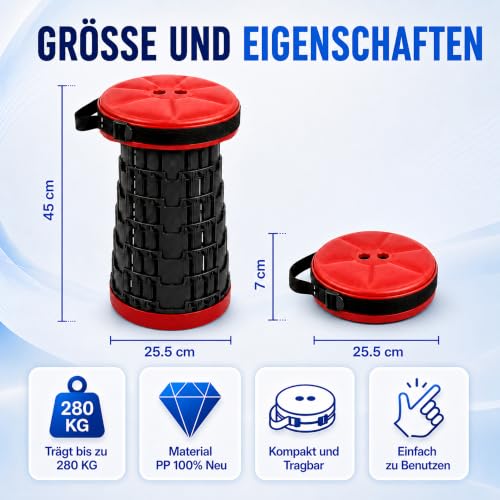 Detalle de HAPPY DAYS Klappbarer Hocker Campinghocker 2026 – gepolsterter Sitz, höhenverstellbar, belastbar bis 280 kg