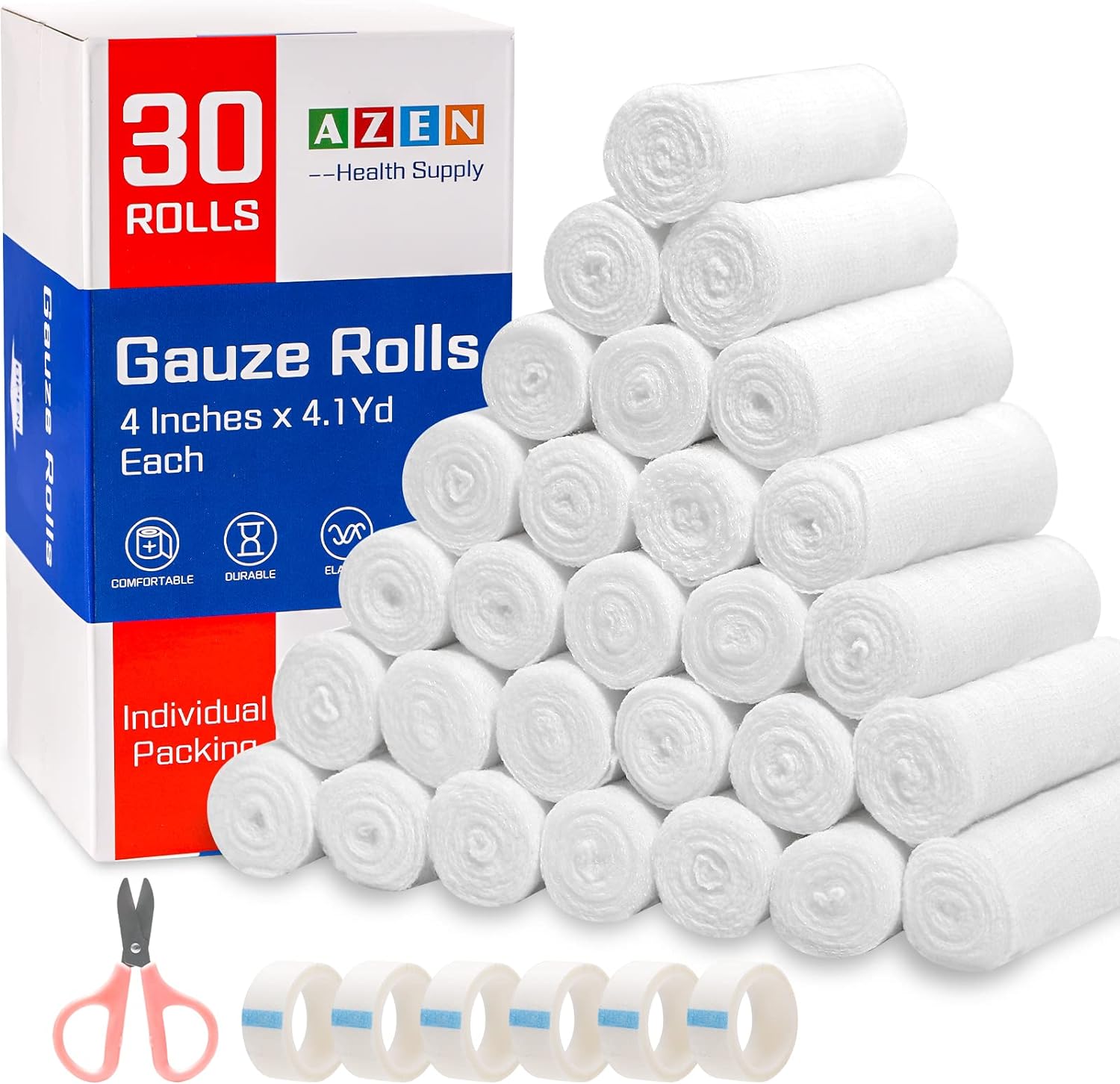 Detalle de AZEN 30 Pack Gauze Rolls 4 in 🩹