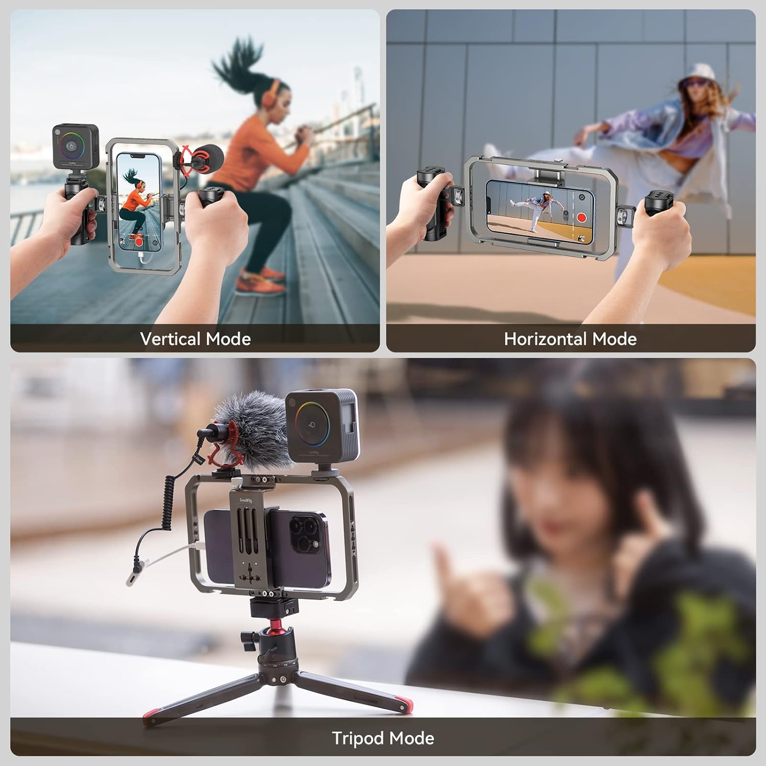 Detalle de SMALLRIG 4121 telefoonstabilisatorset met aluminium cage en dubbele handgrepen