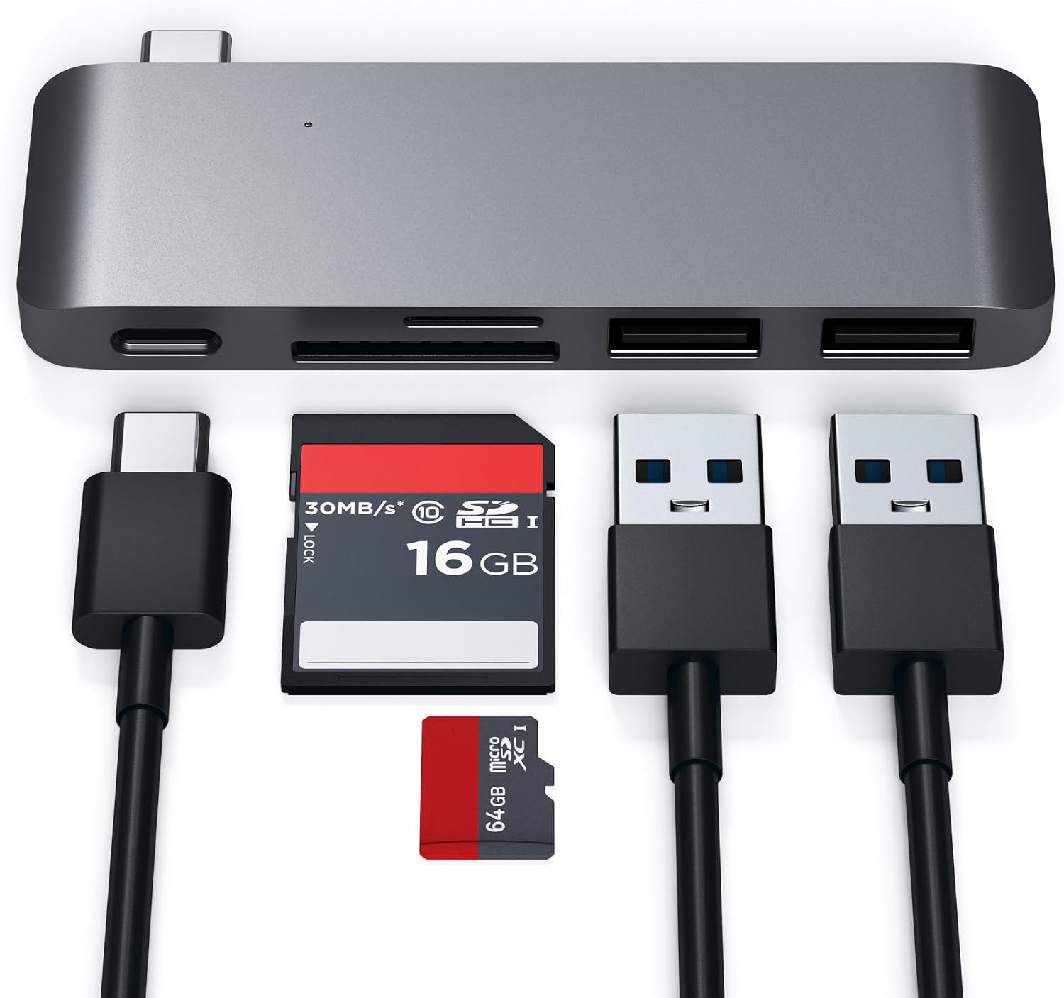 Detalle 2 de SATECHI 5-in-1 USB-C Kombi Hub (Aluminium, Space Grau) mit 2× USB-A 3.0, Micro-/SD und Ladeanschluss