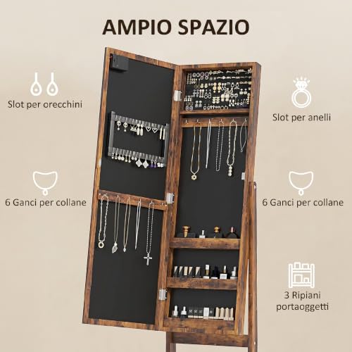 Detalle de HOMCOM Specchio Portagioie con Luce LED – 36x30x136 cm, Marrone Rustico