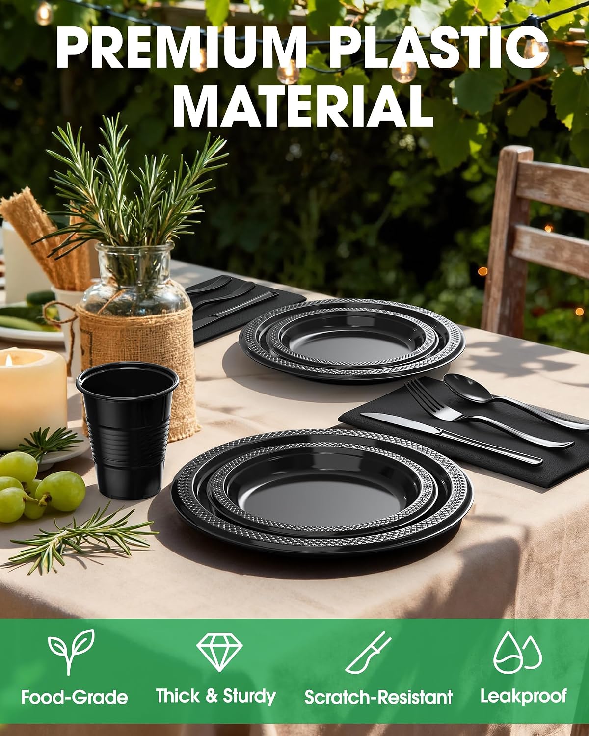 Thumbnail 3 de Pureegg Black Plastic Plates Set — 350 Pcs for Up to 50 Guests (Napkins, Utensils, Cups Included)