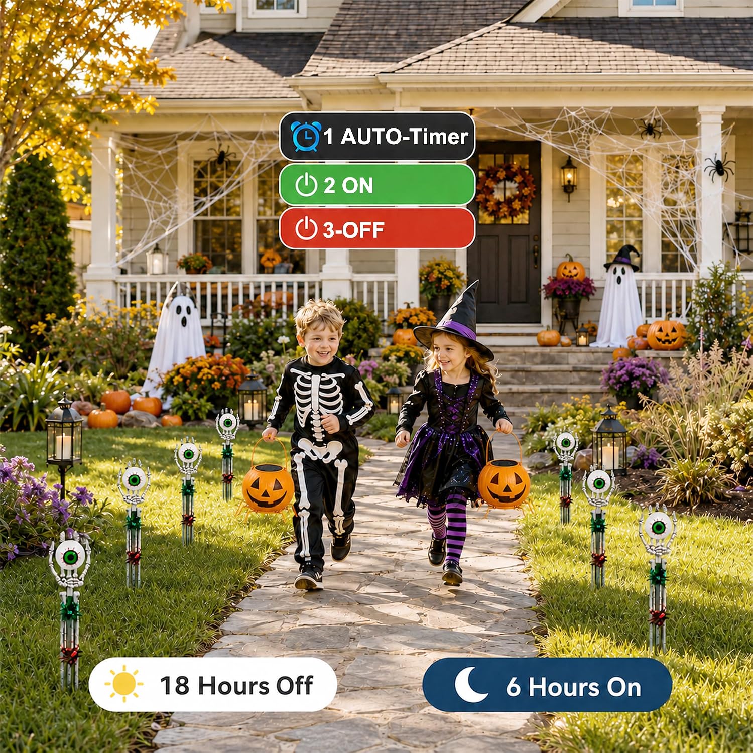 Detalle de Mantunt Halloween Skeleton Hands Outdoor Decor with Green Eyeball Lights