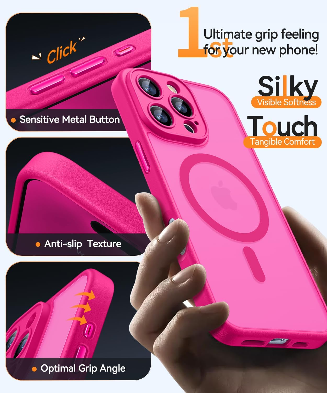 Detalle de CANSHN Magnetic for iPhone 16 Pro Case, Upgraded Full Coverage Camera Protection in Hot Pink