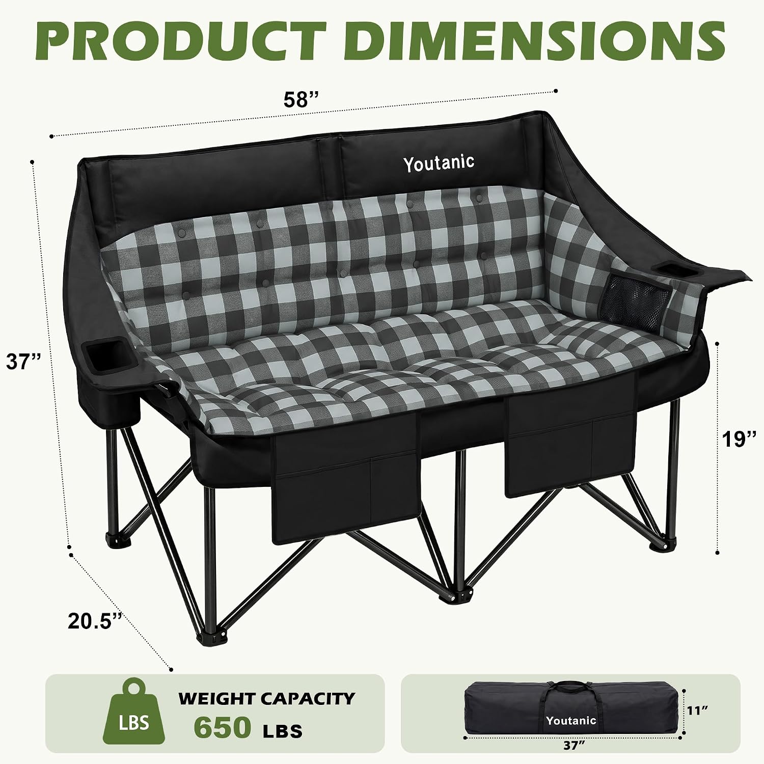 Detalle de Youtanic Oversized Double Camping Chair (Folding Loveseat) with Cup Holder, Pockets & Carry Bag, Black