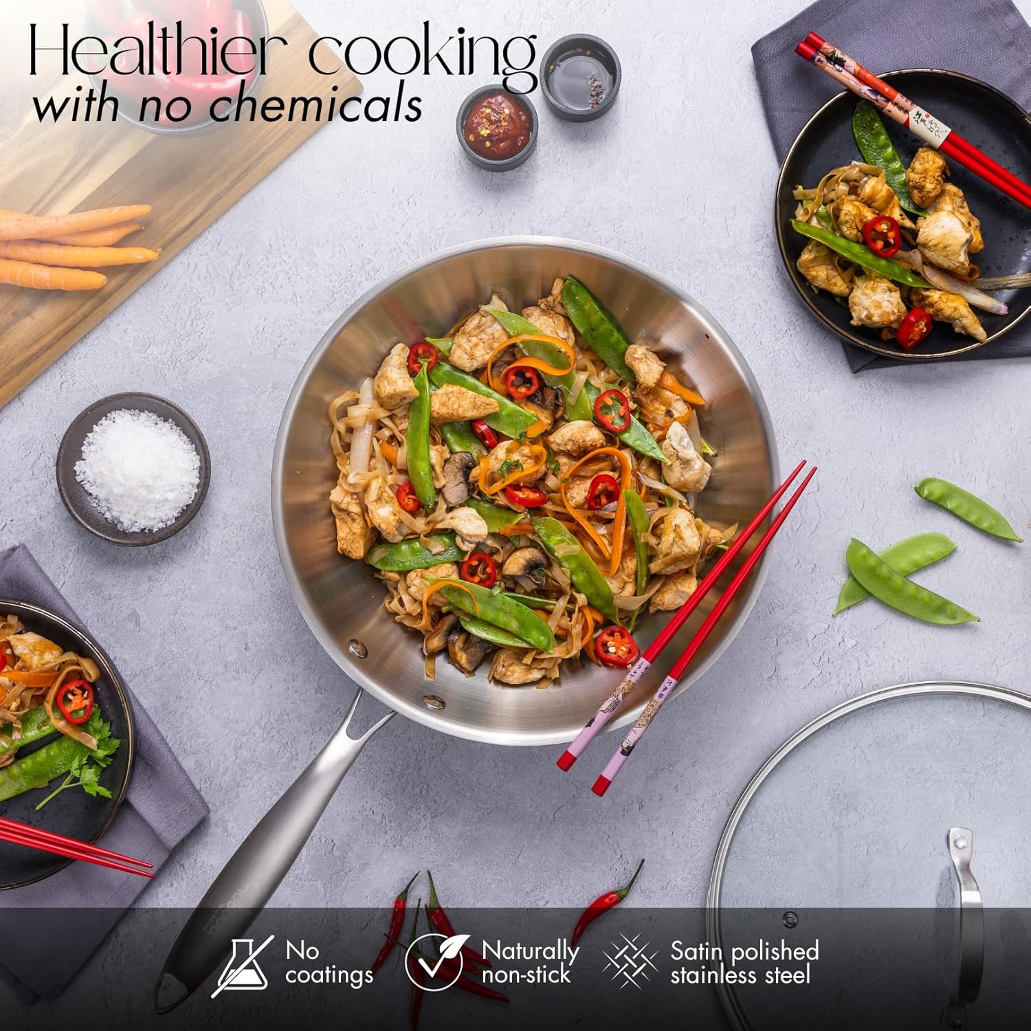 Thumbnail 4 de nuovva Stainless Steel Wok Non Stick – Induction Deep Stir Fry Pan, 28cm with Glass Lid