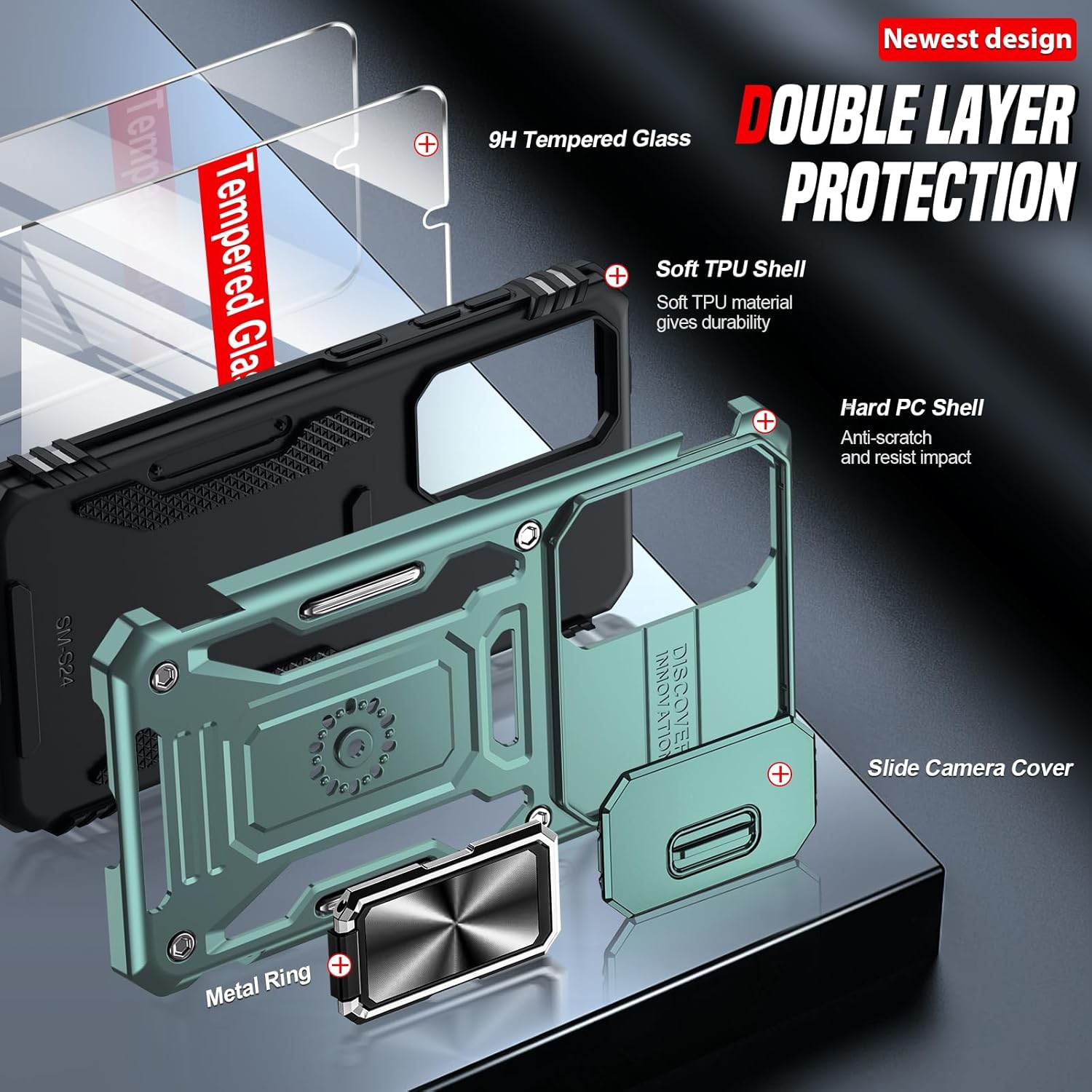 Thumbnail 2 de LeYi Galaxy S25 phone case with sliding camera lens cover and ring stand holder (light green)