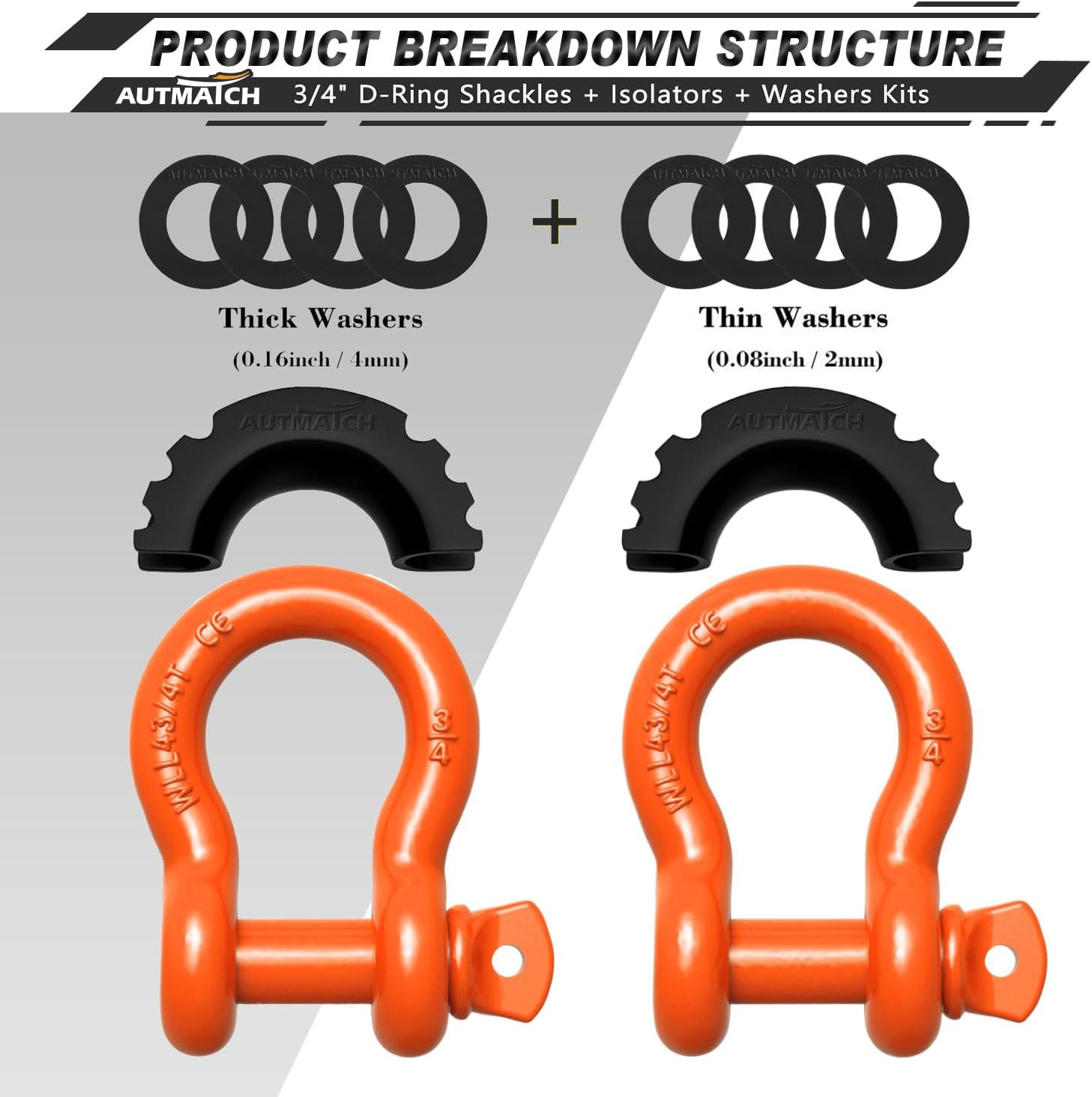 Thumbnail 1 de AUTMATCH 3/4" D Ring Shackle (2 Pack) with 7/8" Screw Pin and Isolator Washers Kit