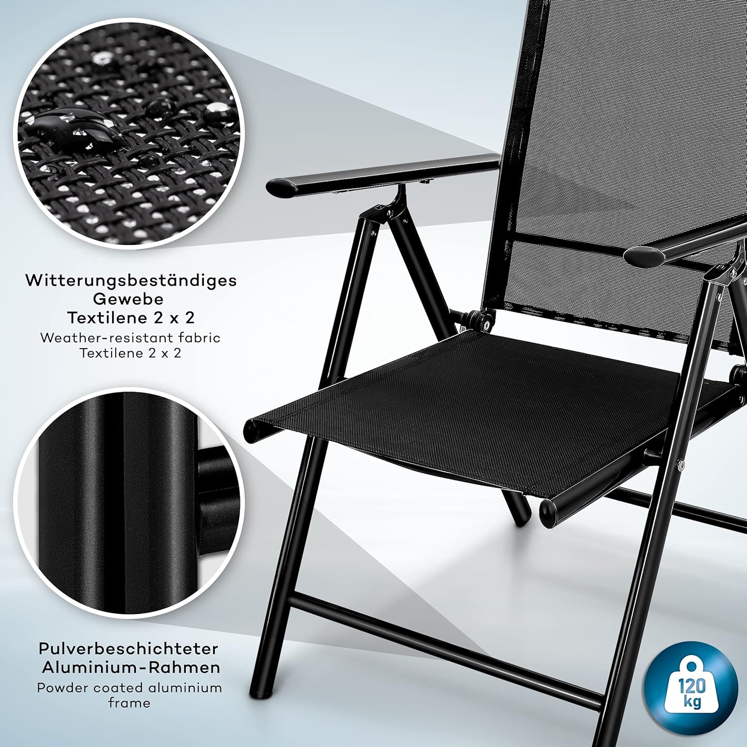 Thumbnail 4 de Tillvex Gartenstuhl 4 Stück: Klappbar aus Aluminium, Hochlehner mit Armlehnen, verstellbar – Ideal für Balkon, Garten und Terrasse