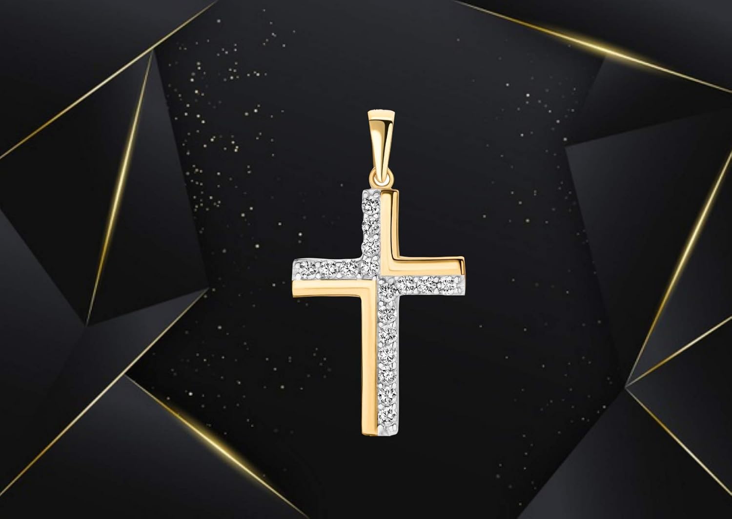 Detalle 2 de Prins Jewels Ciondolo Croce in Oro Giallo 14K 585 con Zirconi – Unisex, 21 x 14 mm