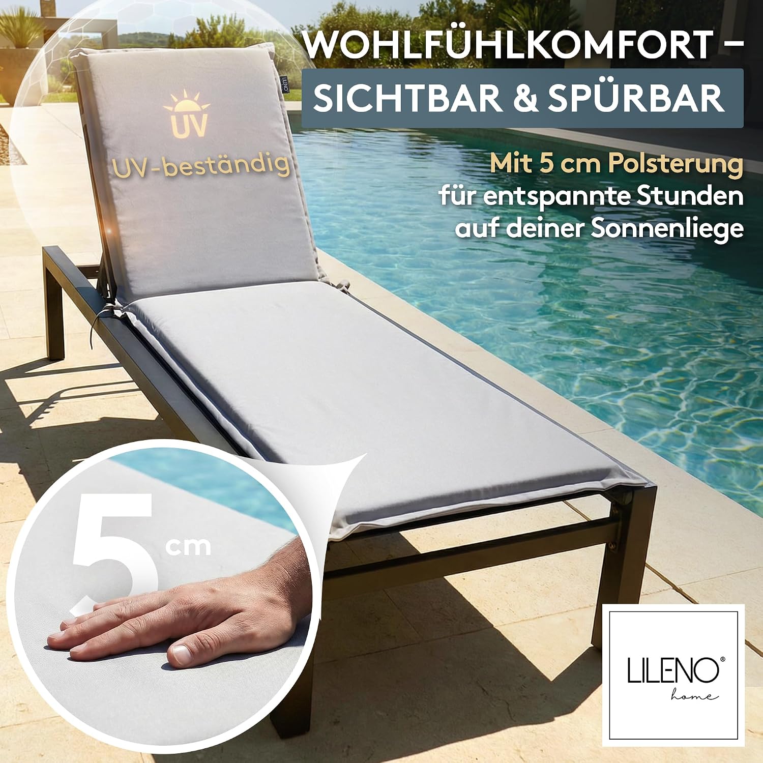 Detalle de LILENO HOME Sonnenliege Auflage 4er-Set Grau – Passende Polsterung für Garten- und Strandliege (188 × 60 × 5 cm)