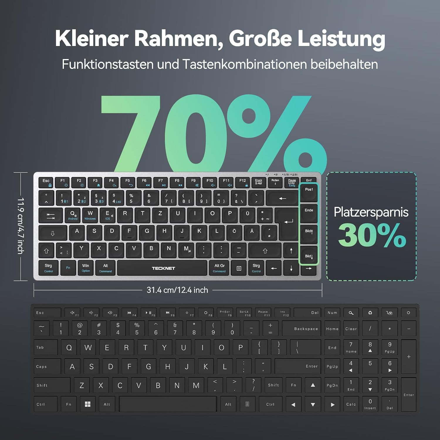 Detalle de TECKNET KB006: Kabellose Tastatur mit 4 Modi (BT + 2,4G) – Deutsches Layout
