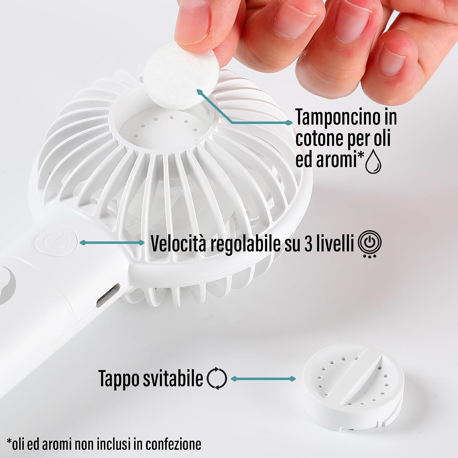 Detalle de Senhome Ventilatore Portatile Ricaricabile con Vano Aromaterapia e Cartuccia in Cotone