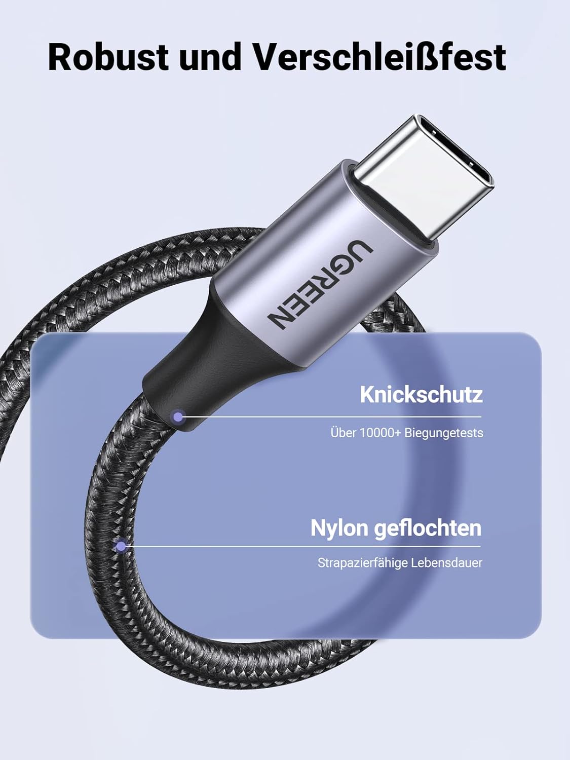 Detalle de UGREEN USB‑C Ladekabel (USB auf USB‑C) – nylon-ummanteltes Schnellladekabel für iPhone & Galaxy