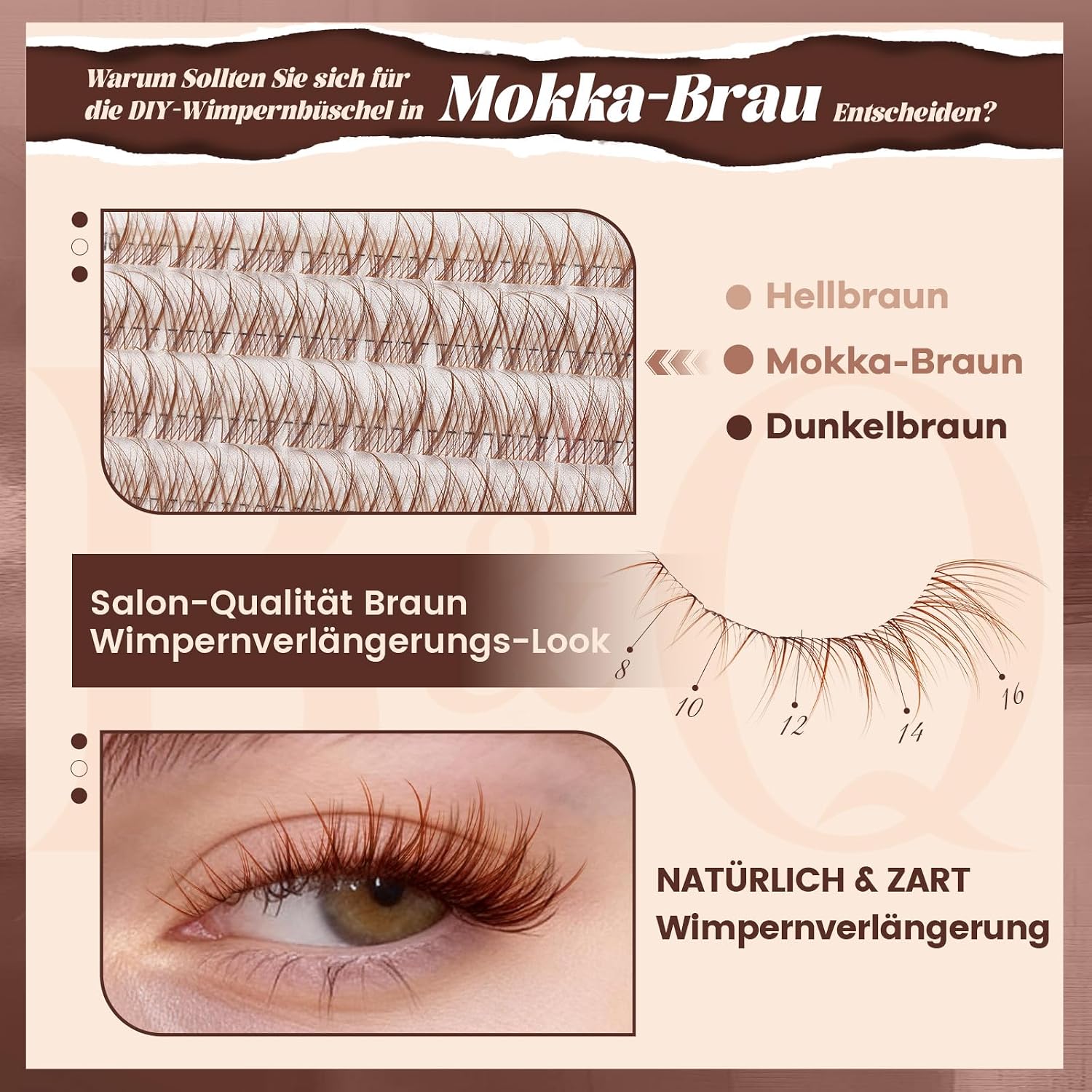 Detalle de B&Qaugen Lashes Extension Set Wispy Braun – DIY Braun Cluster-Lashes 8–16 mm, C-Curl mit Bond & Seal