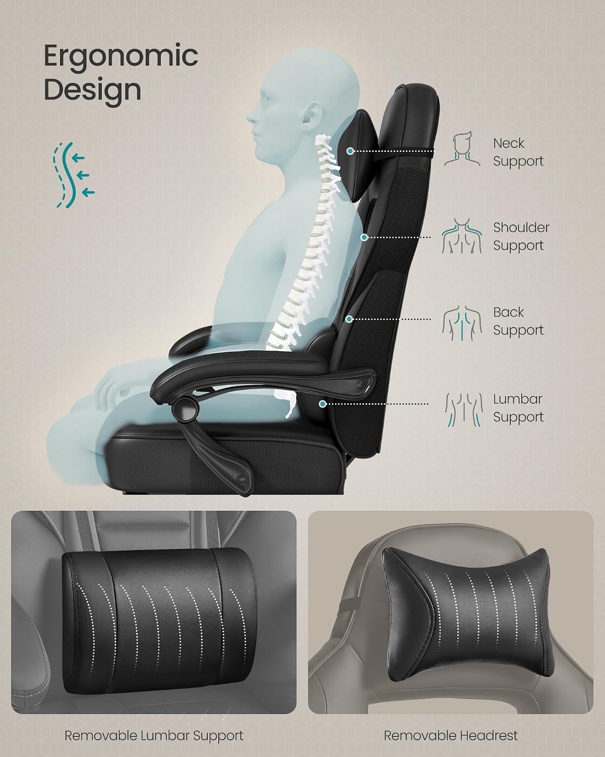 Detalle de SONGMICS Racing Gaming Chair OBG073BH09 with headrest, lumbar support and footrest