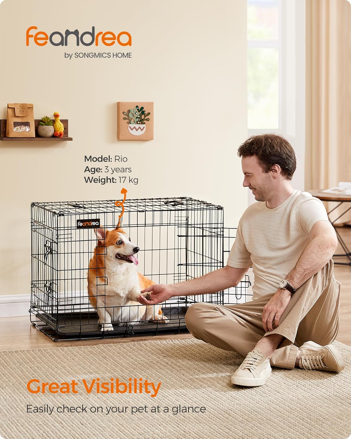 Thumbnail 1 de Feandrea Dog Crate: Foldable, 2-Door Metal Cage with Removable Tray (77.5 x 48.5 x 55.5 cm) – Size M