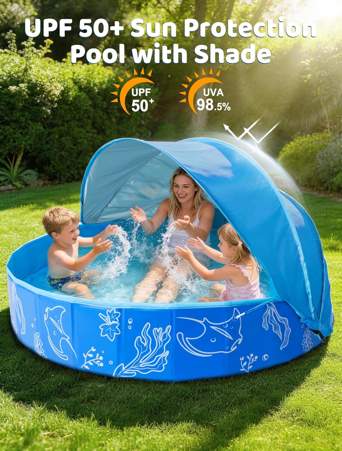 Detalle de Hikiddy Foldable Kiddie Pool with Canopy (63in) — Portable family splash pool with removable sun shade