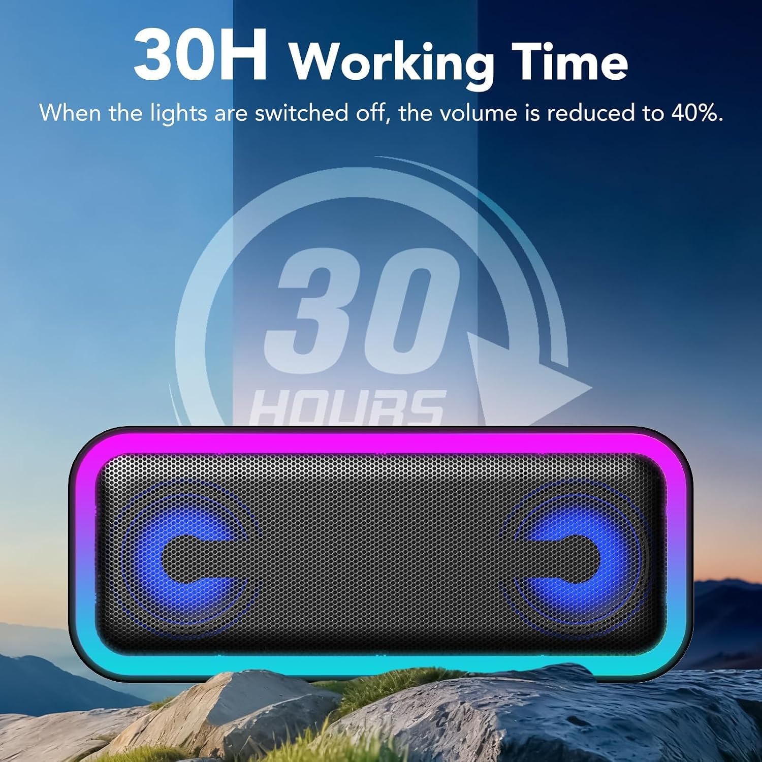 Detalle 2 de IKT Bluetooth-Lautsprecher mit Licht, 30 W Stereo (Bass Boost), IPX7, 7 RGB-Modi & Bluetooth 5.4