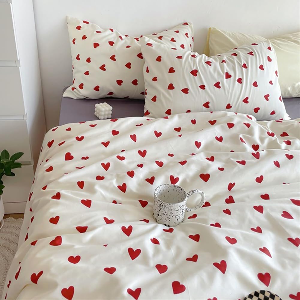 Detalle de Michorinee Housse de Couette Cœur 220x240 Rouge avec 2 Taies d'oreiller 65x65 cm – Parure de Lit Rouge et Blanche en Microfibre