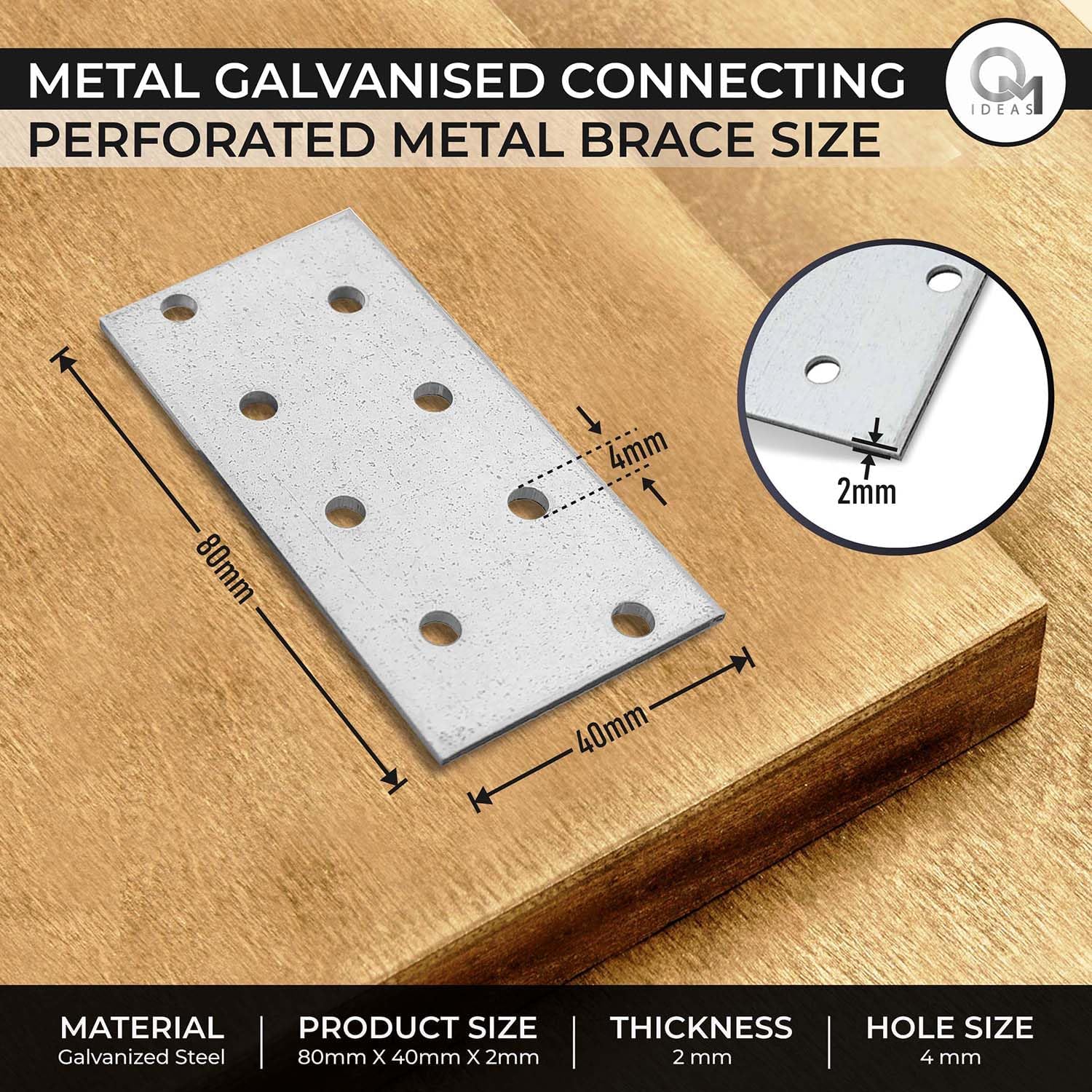 Detalle de OMIDEAS 10 Flat Joining Plates (80 x 40 x 2mm) galvanised perforated timber connector