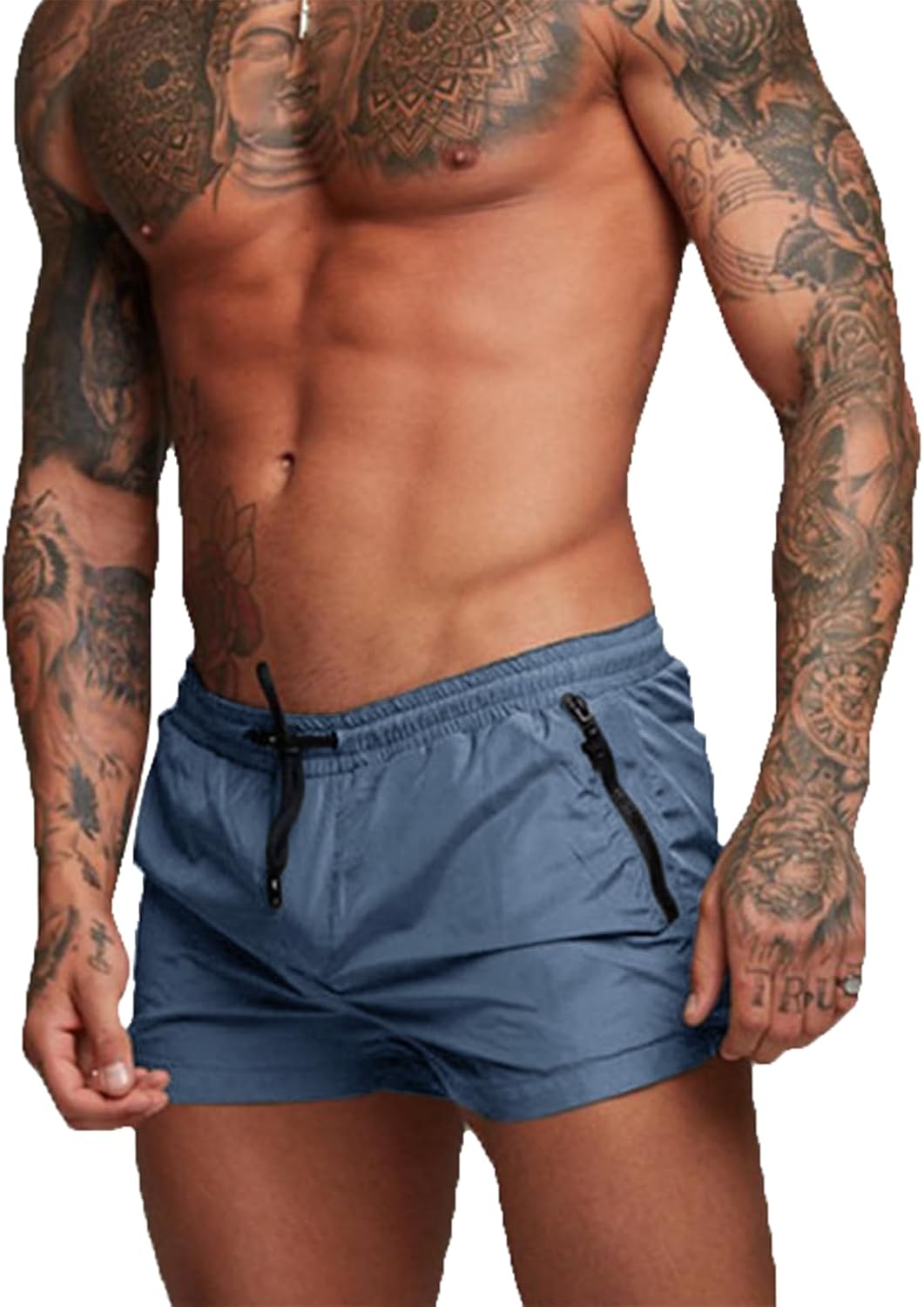 Detalle de EDOTON Herren Badehose – vielseitige Badeshorts mit Reißverschlusstaschen, elastischem Bund und verstellbarem Tunnelzug