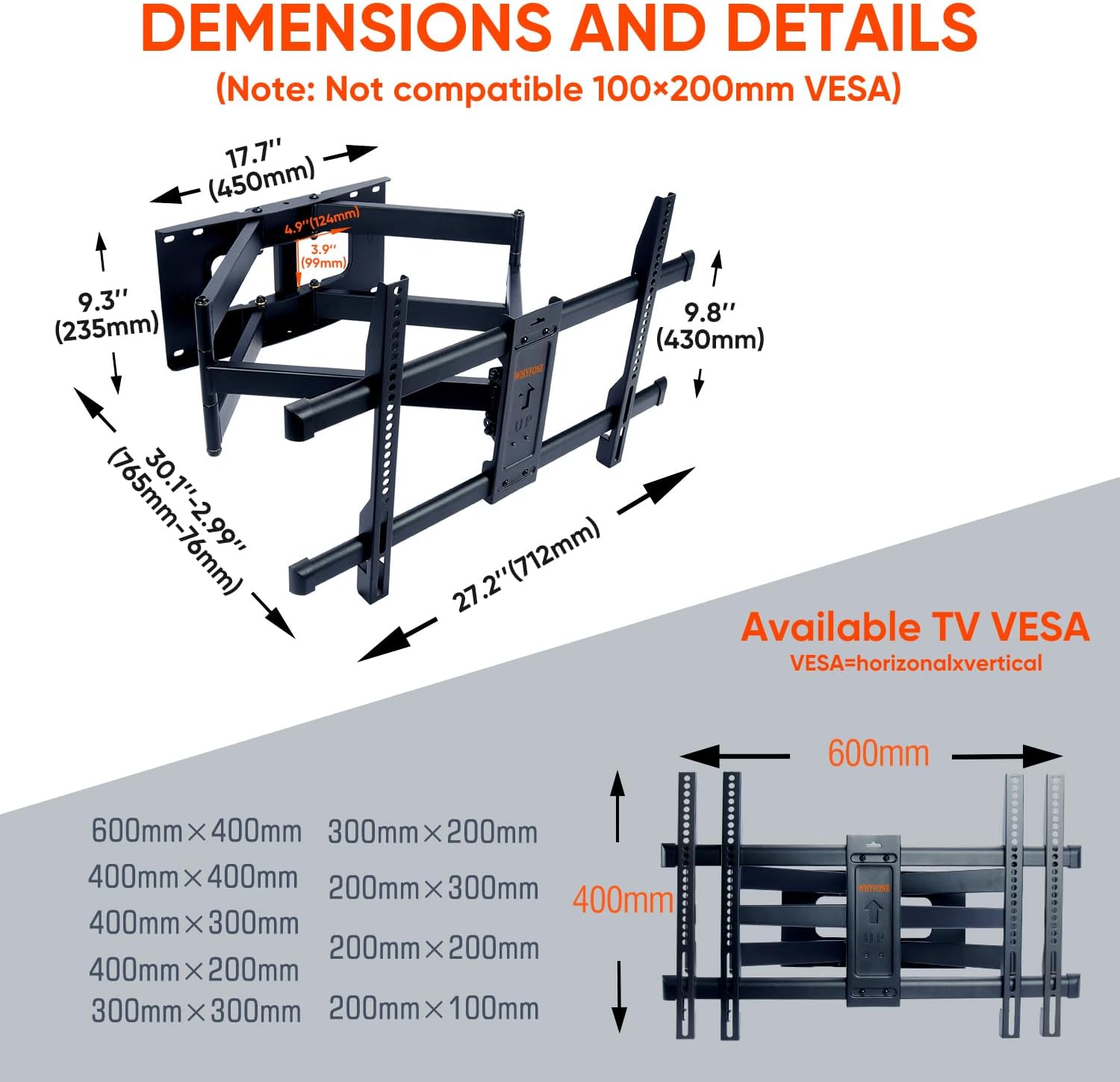 Thumbnail 6 de WHYFONE WF9456 TV Wall Bracket for 50–90 Inch TVs, 765mm Dual Arms