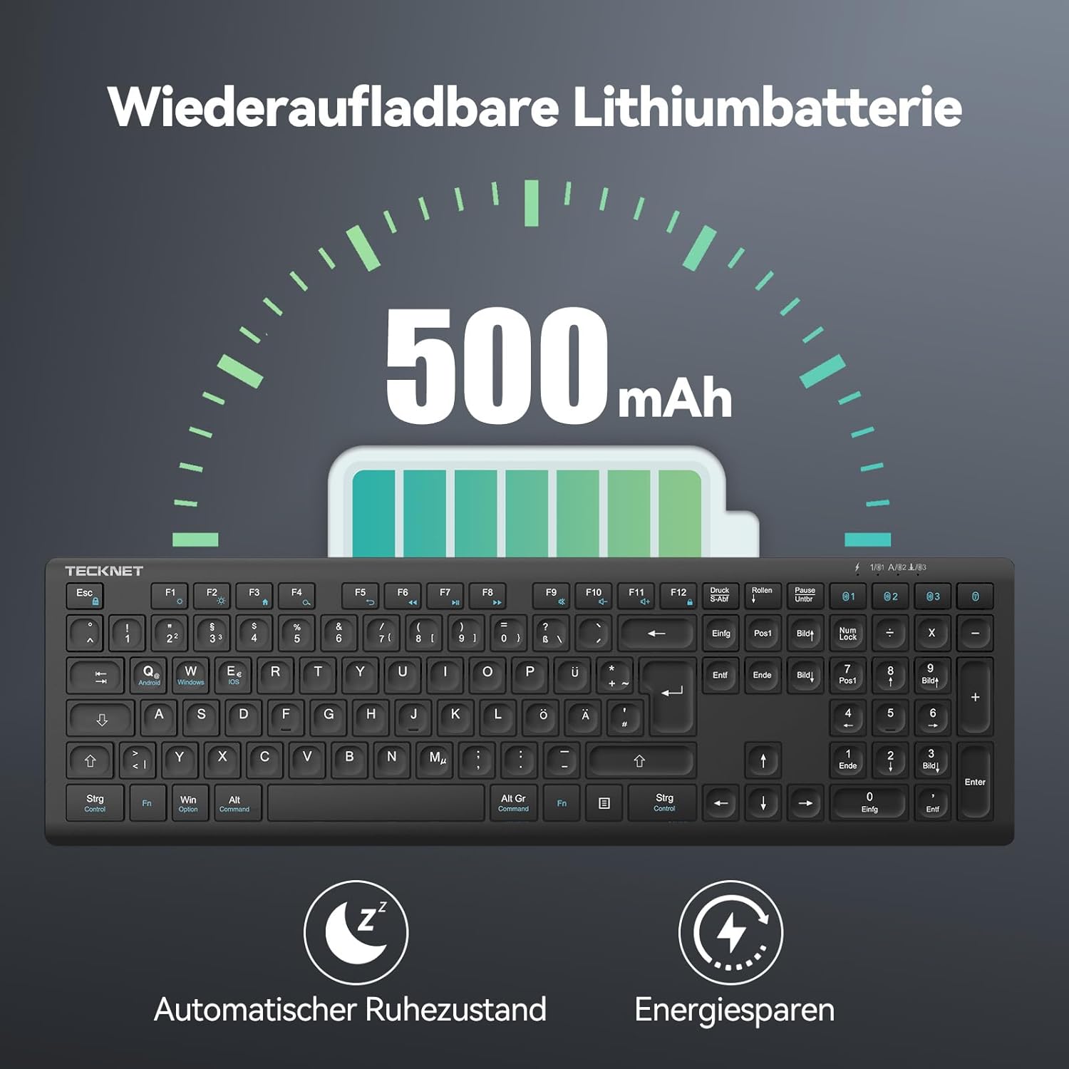 Detalle 2 de TECKNET Bluetooth Tastatur 500 mAh ⌨