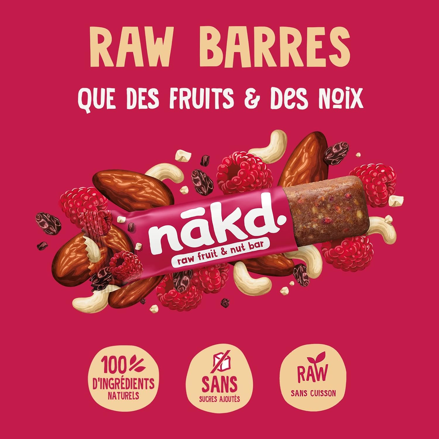 Detalle de Nākd. Framboises — Barres de fruits et noix crues, sans sucre ajouté, vegan, 18 x 35 g (630 g)