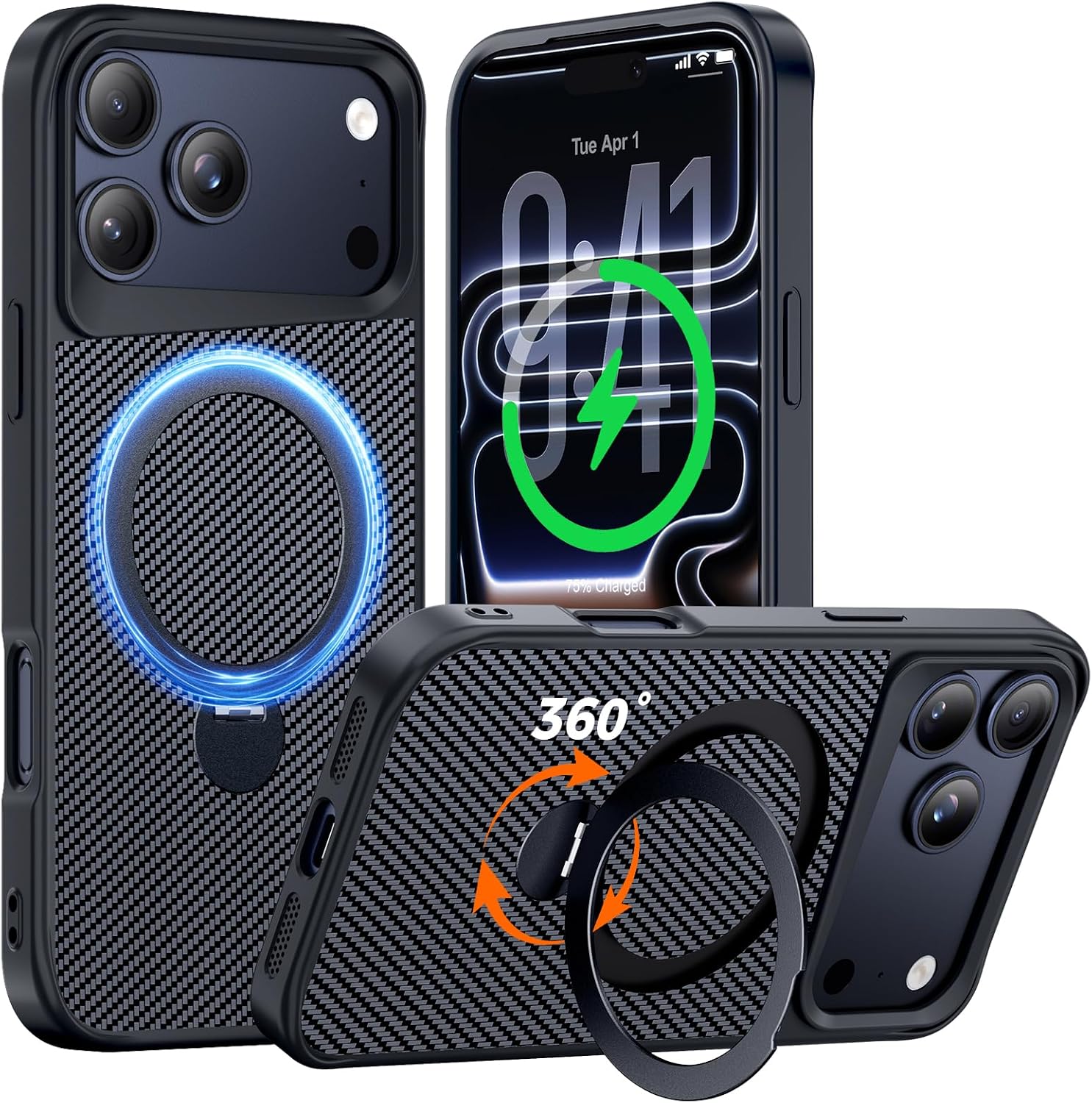 Detalle de Enlafavo 360° Ring Stand Case for iPhone 17 Pro Max — Carbon Fiber, MagSafe Compatible, 15FT Drop Protection