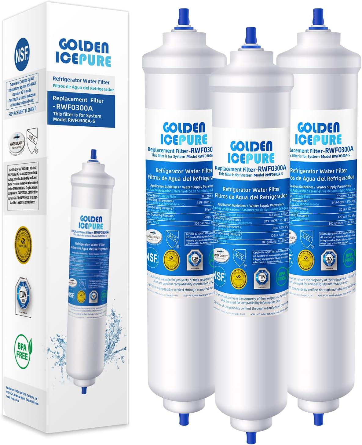 Detalle de GOLDEN ICEPURE Wasserfilter Kühlschrank – kompatibel mit Samsung DA29-10105J, EF9603, WSF-100, HAFEX/EXP, DA99-02131B, LG/Haier Inline-Kühlschrank (3 Stück)