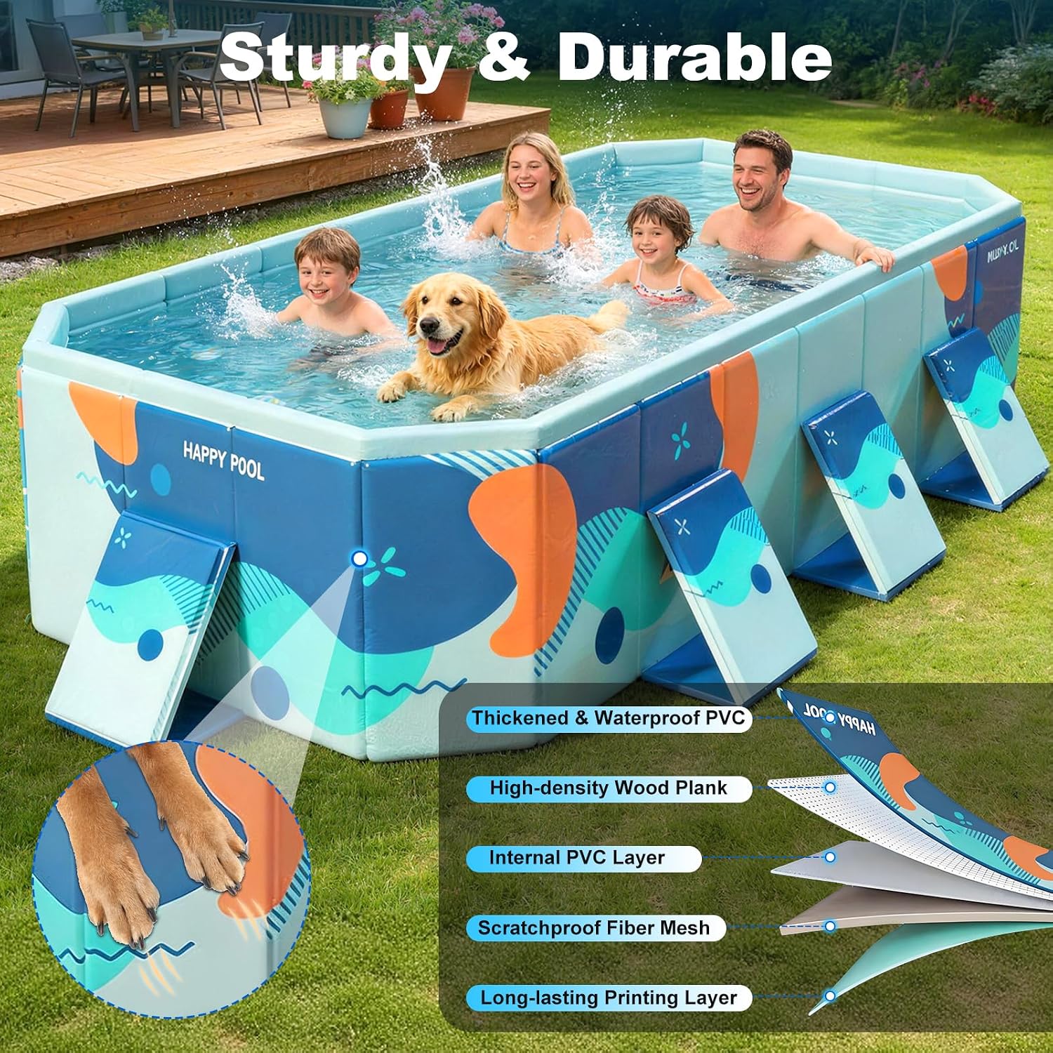 Detalle de Large Foldable Family Pool for Kids & Dogs, 115" L x 65" W x 21.5" D