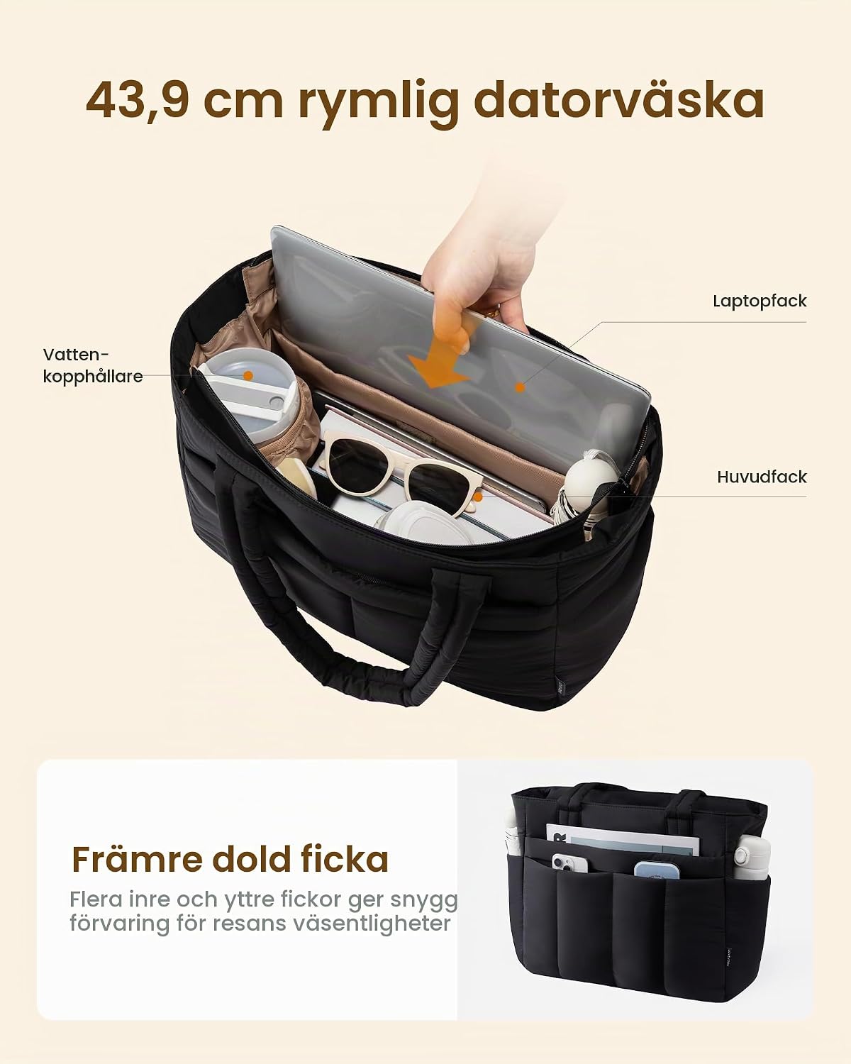 Detalle de LOVEVOOK vadderad shoppingväska med dragkedja och laptopfack