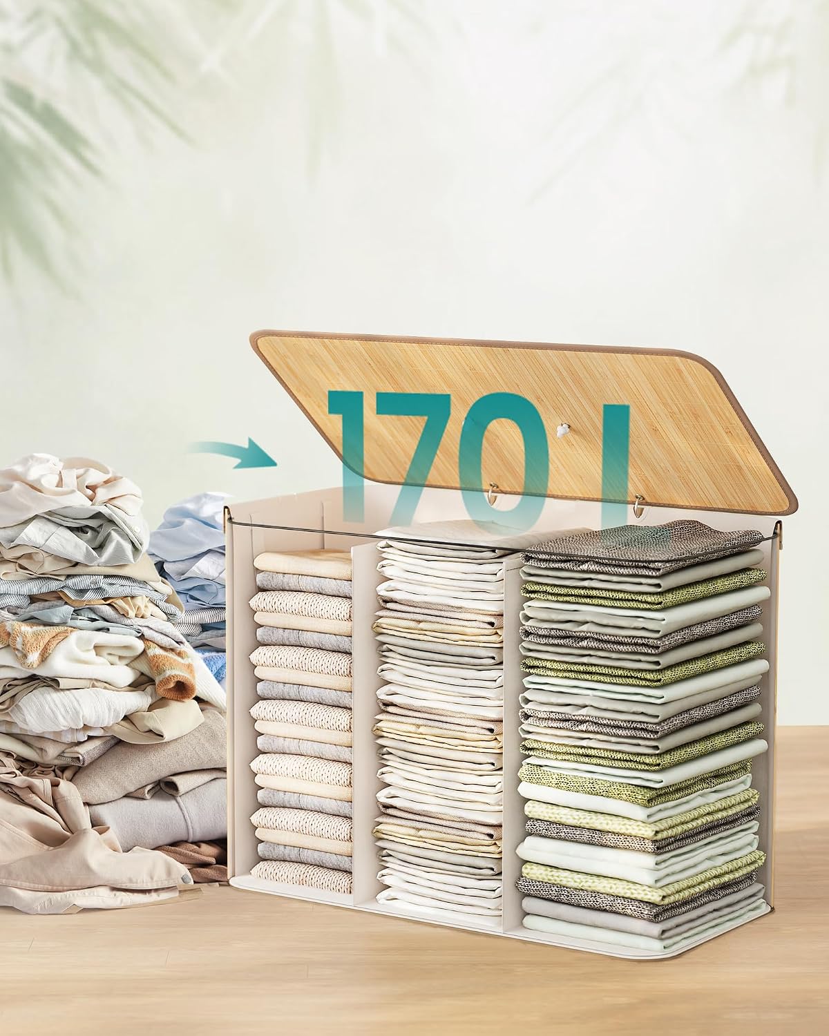 Detalle 2 de SONGMICS LCB013Y01 – bambusowy kosz na pranie 170 l, 3 komory, składany