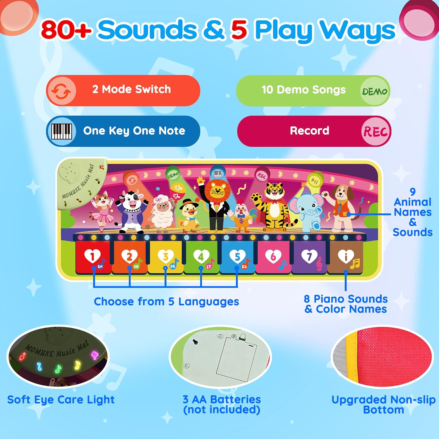 Thumbnail 1 de MOMUSE 5-Language Piano Music Mat for toddlers (EN/DE/FR/IT/ES) with animal sounds and recording