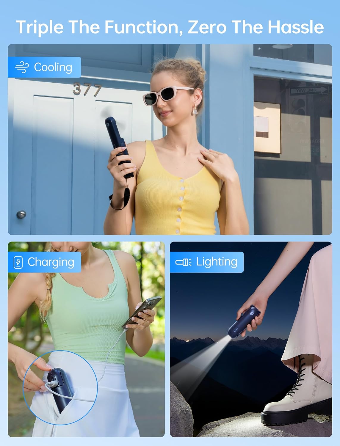 Thumbnail 1 de JISULIFE F8 3-in-1 Handheld Fan, Blue, with Flashlight and Power Bank