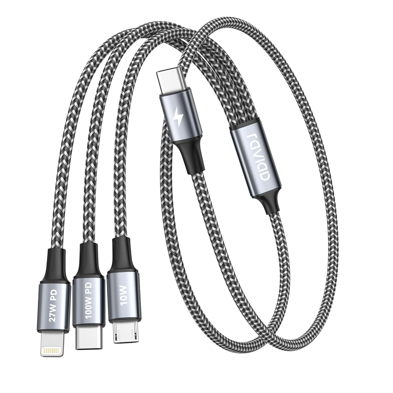 Detalle de RAVIAD 100W USB-C auf Multi USB Kabel Kurz (50 cm) – 3-in-1 Schnelllade- und Datenkabel