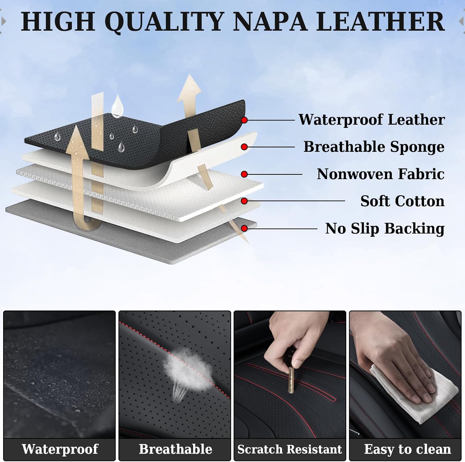 Detalle 2 de Coverado Front Seat Covers (Nappa Leather Look) — Waterproof Universal 2-Pack for Most Cars, Black & Red Line