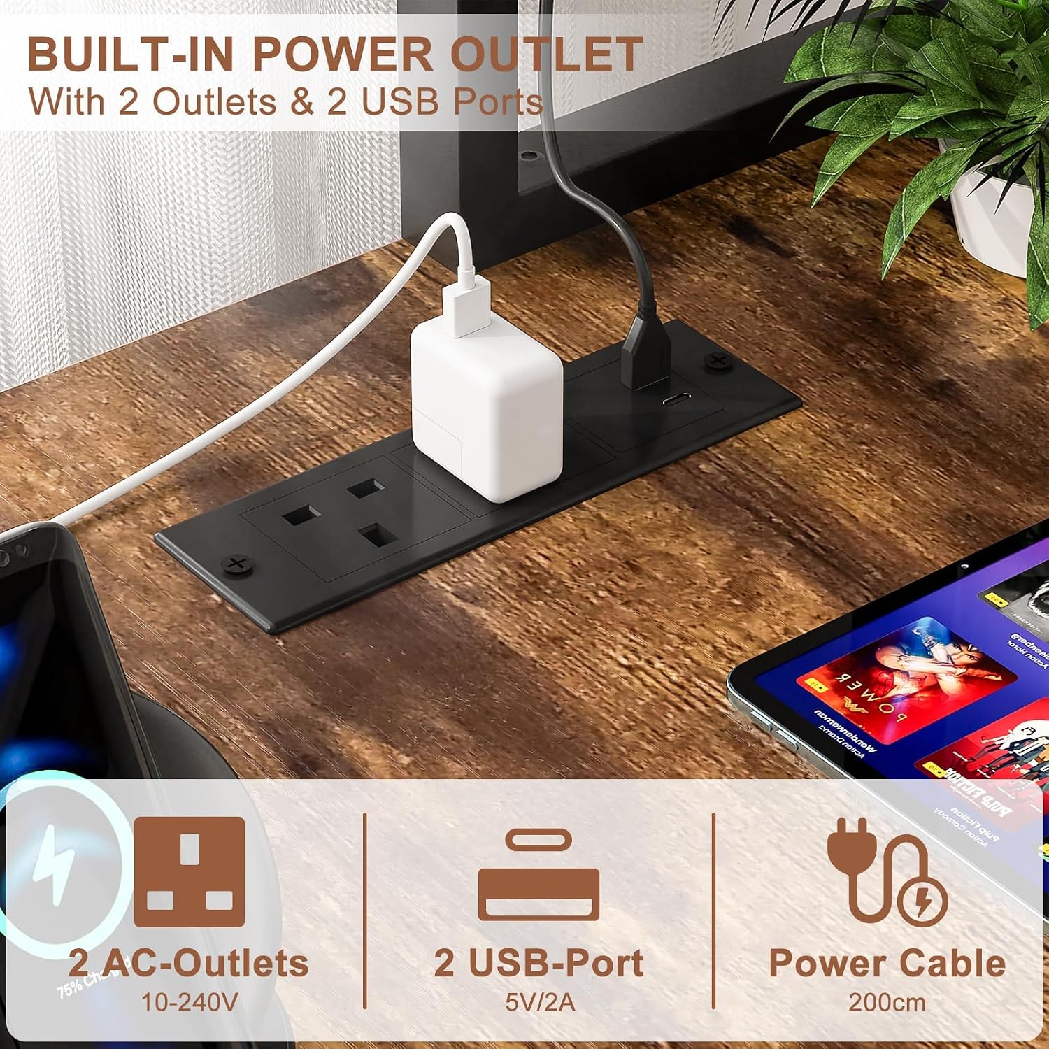 Detalle de iSunirm L-Shaped Gaming Desk with Power Outlets & LED Lights – Brown